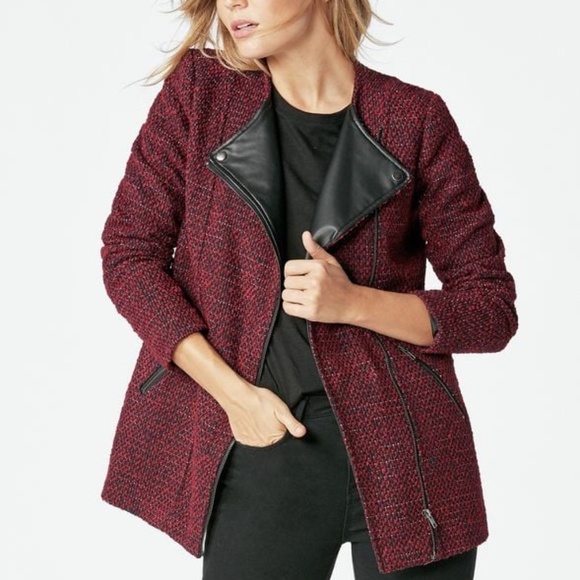 JustFab Red & Black Tweed Mix Moto Jacket Faux Leather Zipper Blazer XXL New - Picture 1 of 8